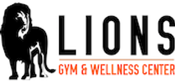 Logo of lions gym & wellness center featuring a stylized black lion on the left, with the word "lions" in bold uppercase letters and "gym & wellness center" written below.