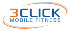 Logo of 3click mobile fitness featuring stylized text "3click" in blue and orange, with the words "mobile fitness" underneath in grey, all encircled by an orange swoosh.