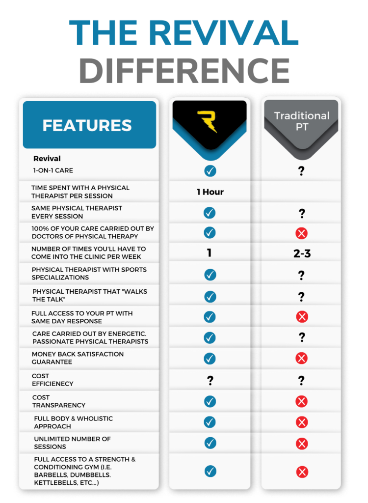 Image showing a comparison chart between "the revival difference" and "traditional pt." it lists features like therapist count, session time, empathy, and results focus, with check marks or crosses indicating availability in each program.